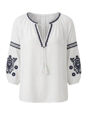 Boho White Peasant Blouse with Navy Embroidery